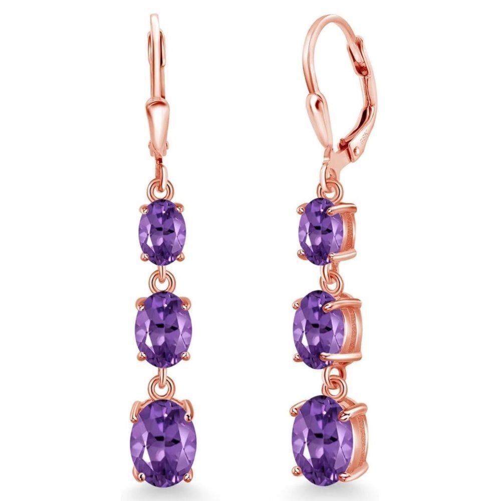 18K Rose Gold with 4.70 Cttw 3 Stone Amethyst Dangling Leverback Drop Earrings
